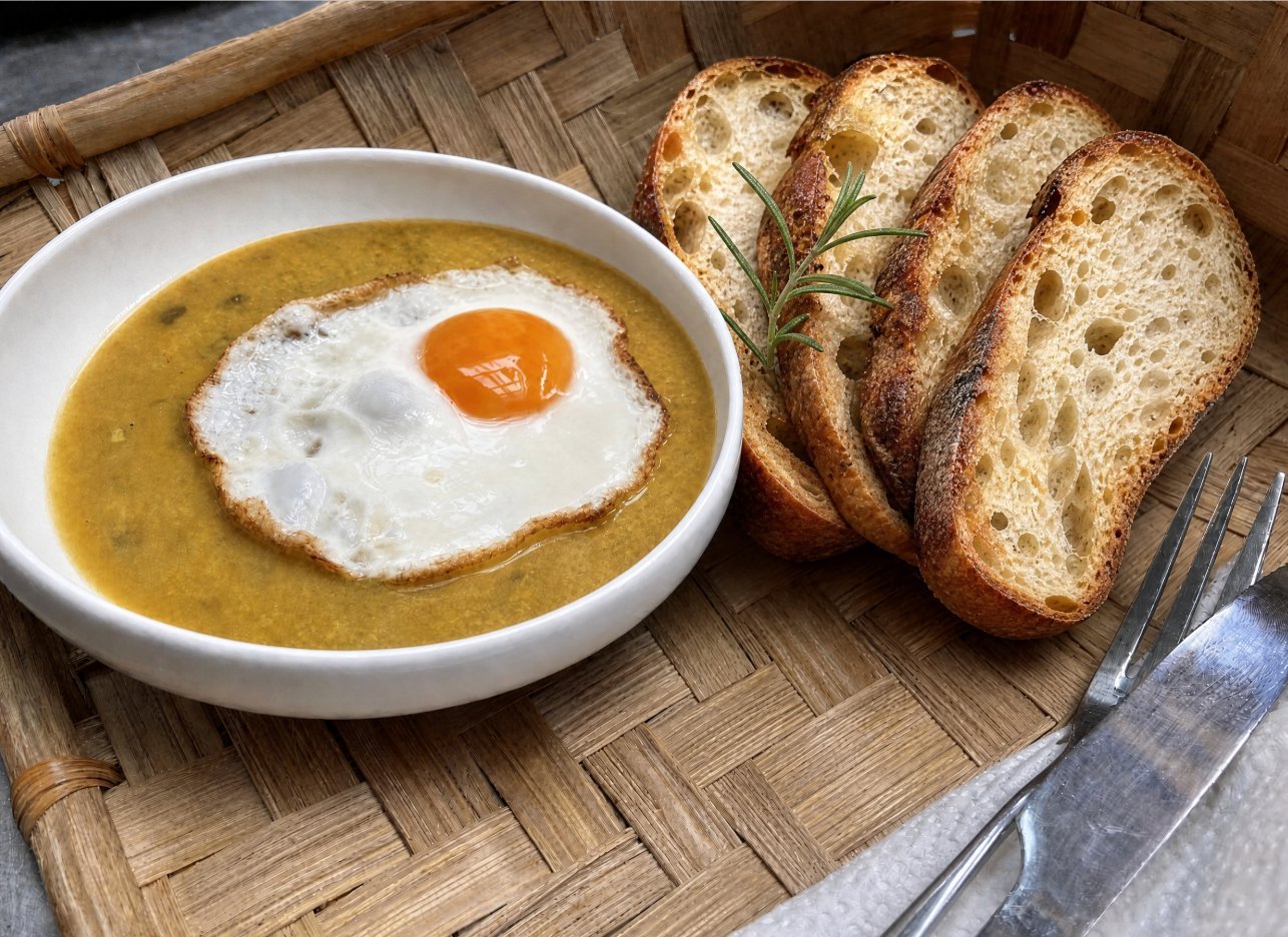 Sri Lankan breakfast at Seconds Colombo — cardamom dhal in a white bowl, half-cooked egg with rosemary, our daily-baked bread sliced thick, on a woven tray
