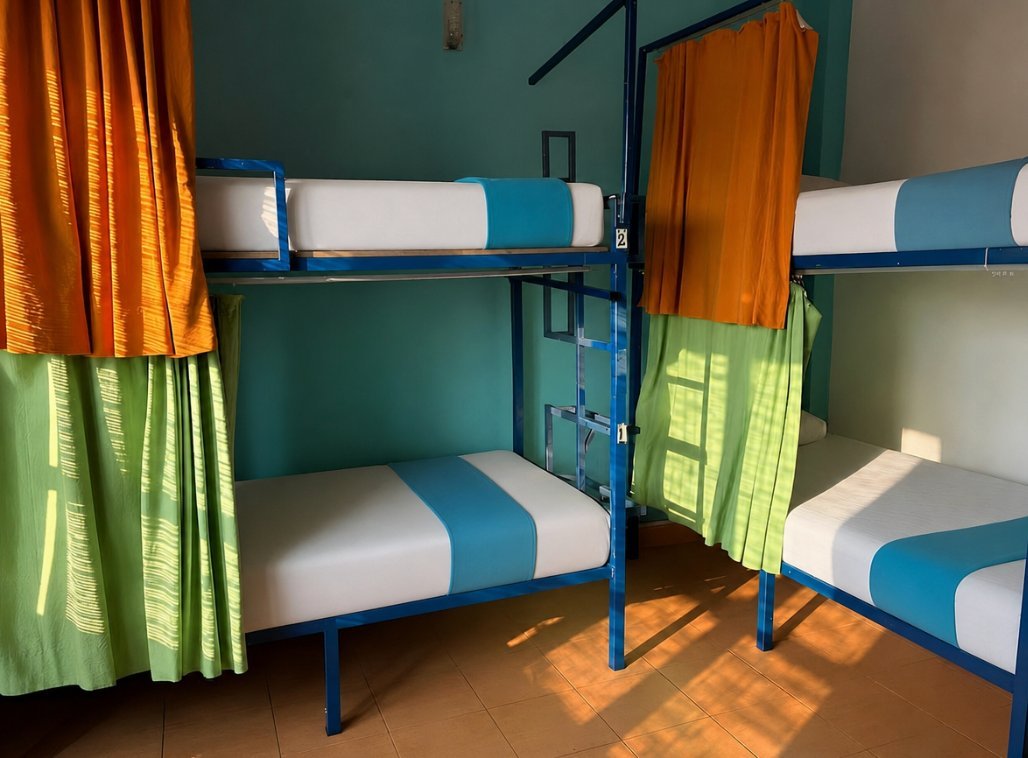 Friendship Dorm at Seconds Colombo — bunks with green and orange curtains, blue metal frames, sunlight through bamboo blinds