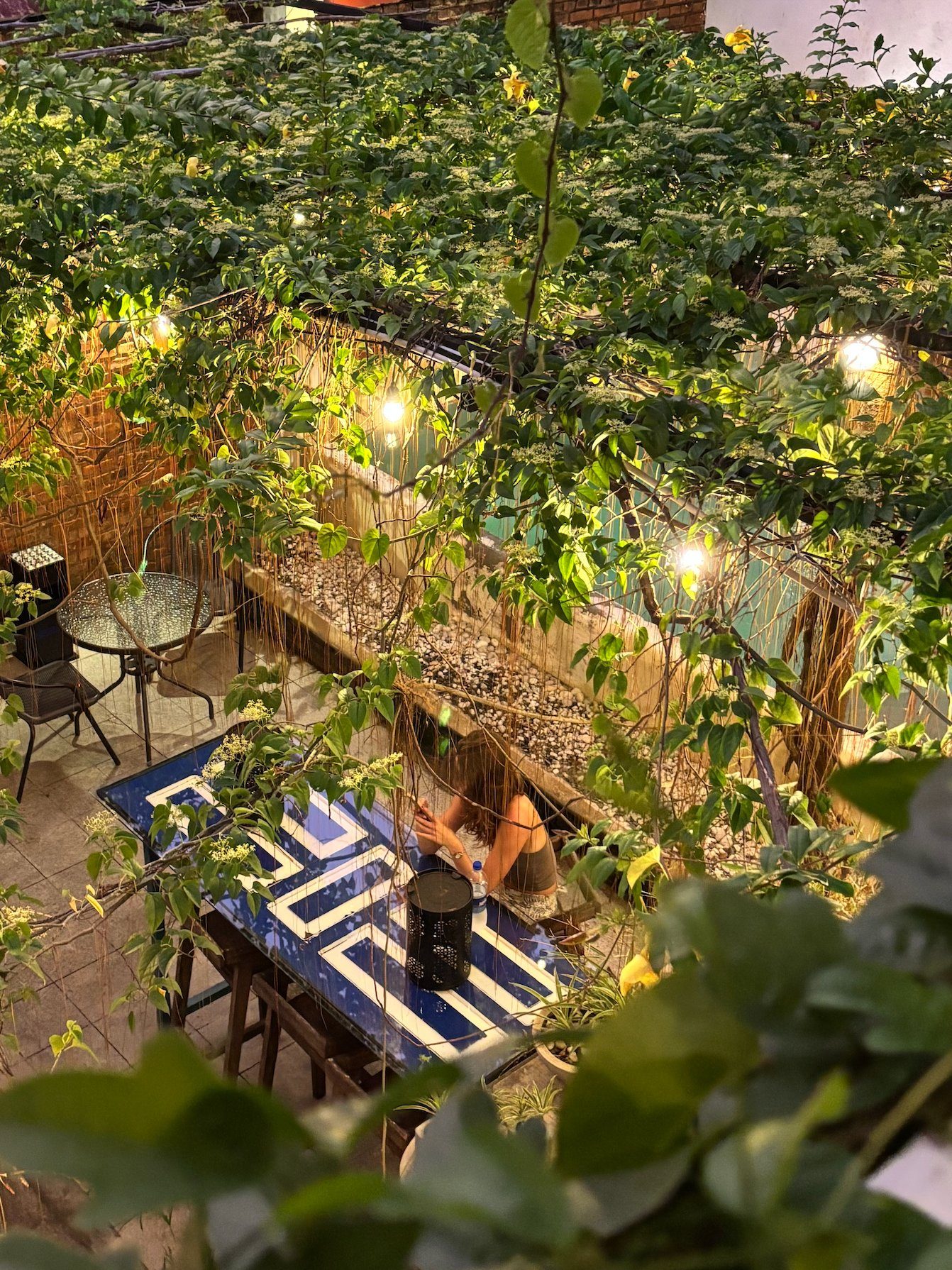 Vinya Garden by Seconds Colombo at night — fairy lights, full tables in the garden, brick walls