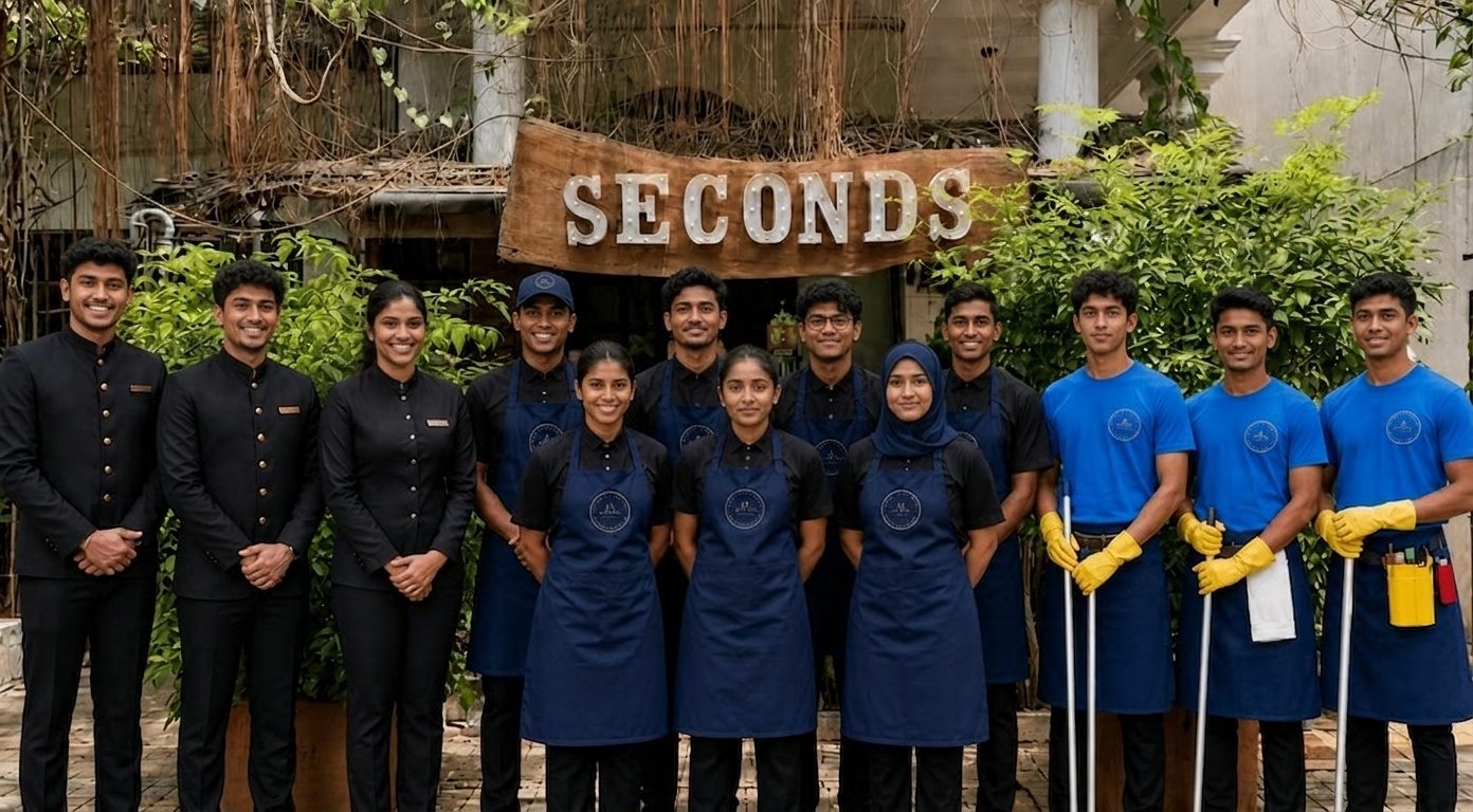 The team at Seconds Colombo Boutique Hotel — front office, kitchen, service, and housekeeping staff together in the garden in Kirulapone, Colombo 5.